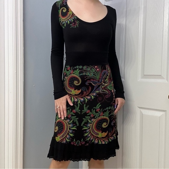 Desigual Dress Long Sleeve Sweater Black Knit Knee Length Size Extra Small - Picture 6 of 6